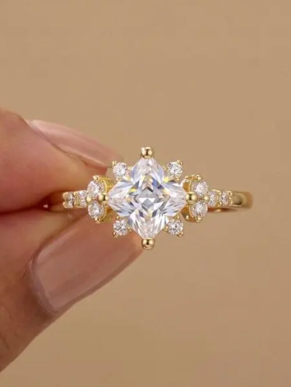 NEW 18k Yellow Gold Diamond Ring Dainty Ring Princess Cut Diamond Ring